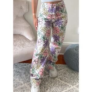 In Bloom Jeans High Waist Stretch Pastel Watercolor Flower Doodle Multicolor